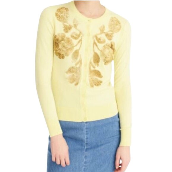 J.Crew Jackie Floral Sequin Butter Yellow Gold Cardigan Sweater Size L - Picture 4 of 10